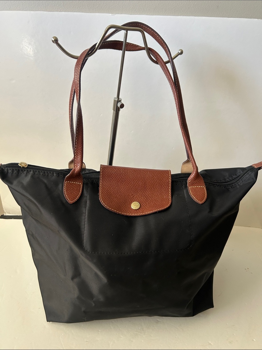 Longchamp Le Pliage Black Nylon Tote with Brown Leather Trim and Handles